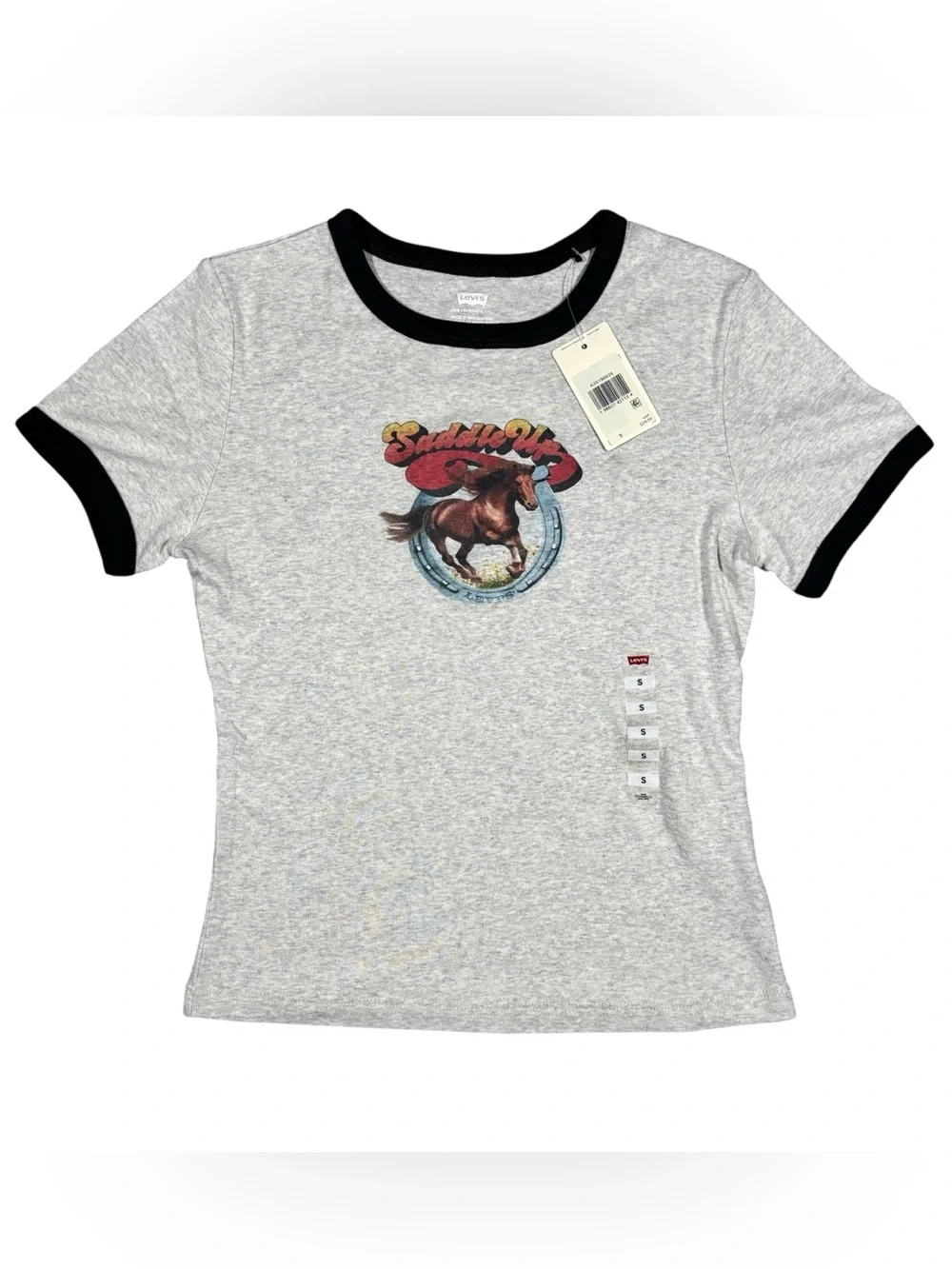 Levi's Woman’s Ringer Rickie Saddle Up Heather Gray Size Small Graphic T-Shirt
